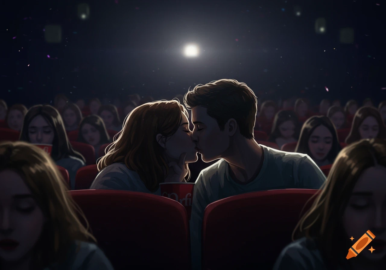 Illustrated depiction of a couple kissing in a dimly lit movie theater.