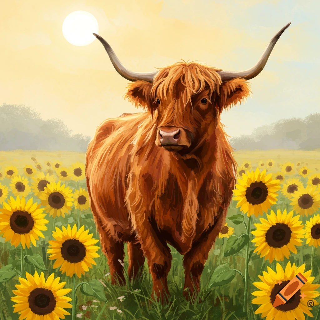 A brown Highland cow stands in a field of yellow sunflowers under a bright sun in an illustrated style.