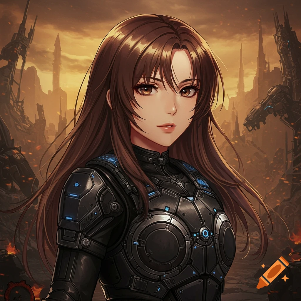 Anime girl with brown hair and eyes wearing black sci-fi armor in a ruined city.