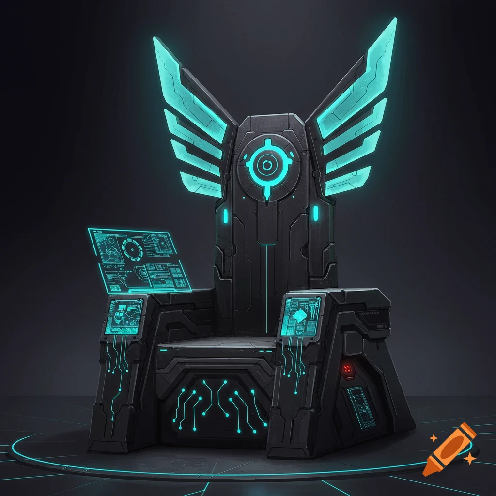 Futuristic black throne with glowing blue accents, screens, and circuit board patterns.