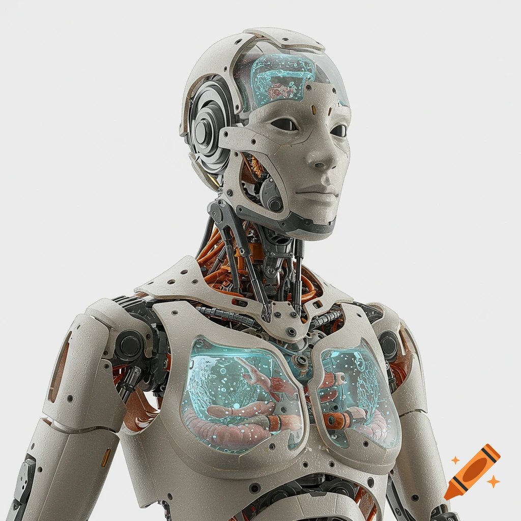 Close-up of a detailed bio-mechanical robot with transparent chest panels showing internal liquid and organic structures