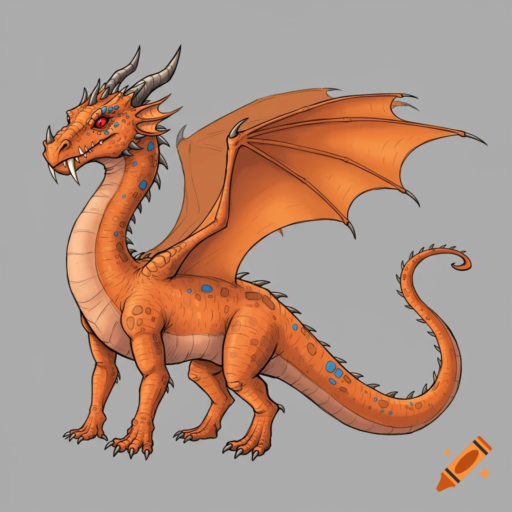 An orange dragon with blue spots, red eyes, horns, and wings in a doodle style.