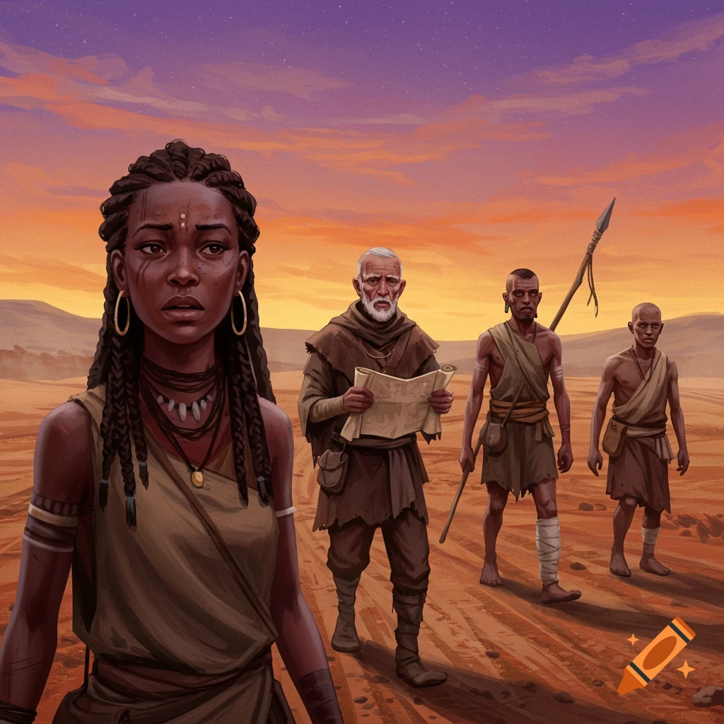 Illustration of four people, possibly exiles, walking through a desert landscape at sunset.