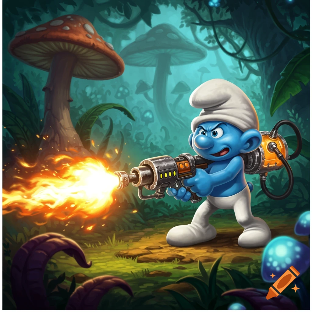 A Smurf character fires a flamethrower in a fantasy forest.