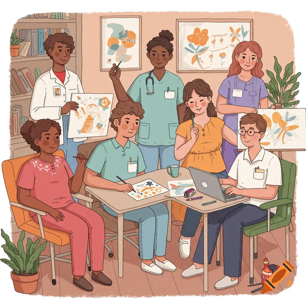 Illustration of diverse people drawing and using a laptop around a table, some in medical attire.