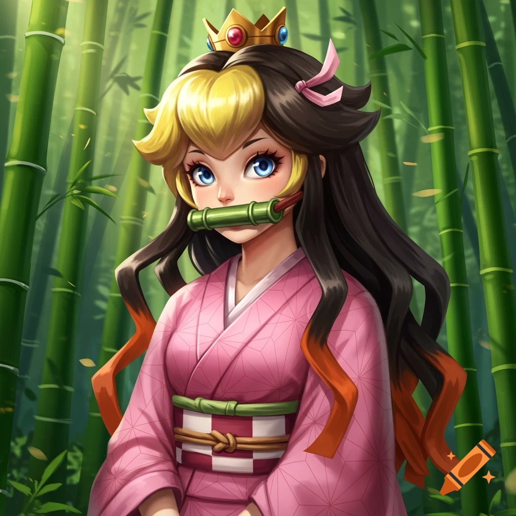 Princess Peach dressed as Nezuko in a bamboo forest, anime style illustration.