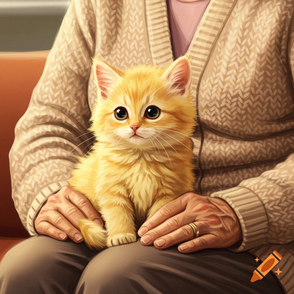 A fluffy orange kitten sits on a person's lap. Illustration.