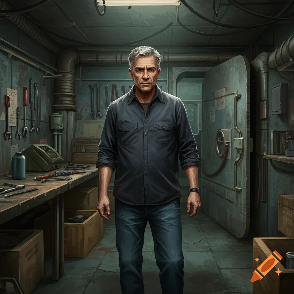A man stands in a detailed workshop with tools and equipment lining the walls, in what appears to be a bunker.