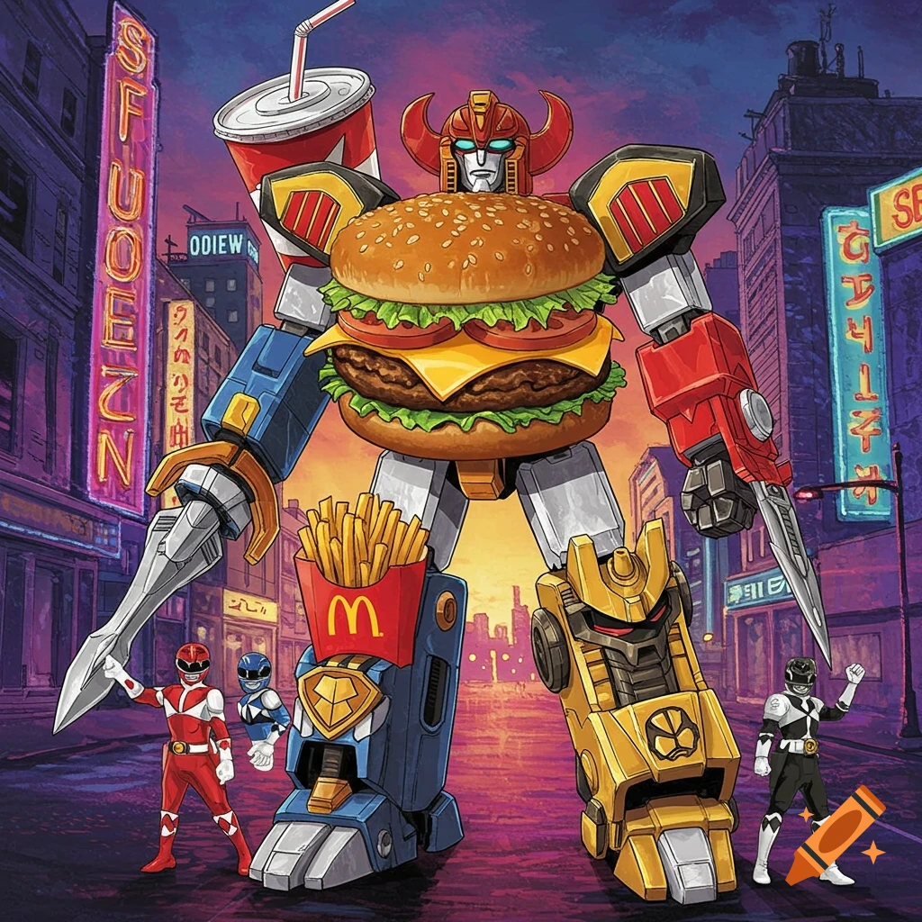 A giant robot made of a hamburger, soda, and fries stands in a city street at sunset with Power Rangers characters.