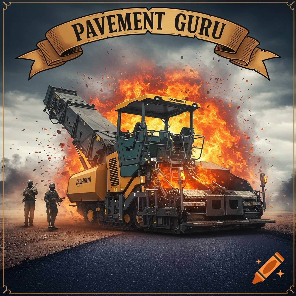 An asphalt paver machine on a road erupts with fire under a banner that reads "PAVEMENT GURU". Two figures stand nearby.