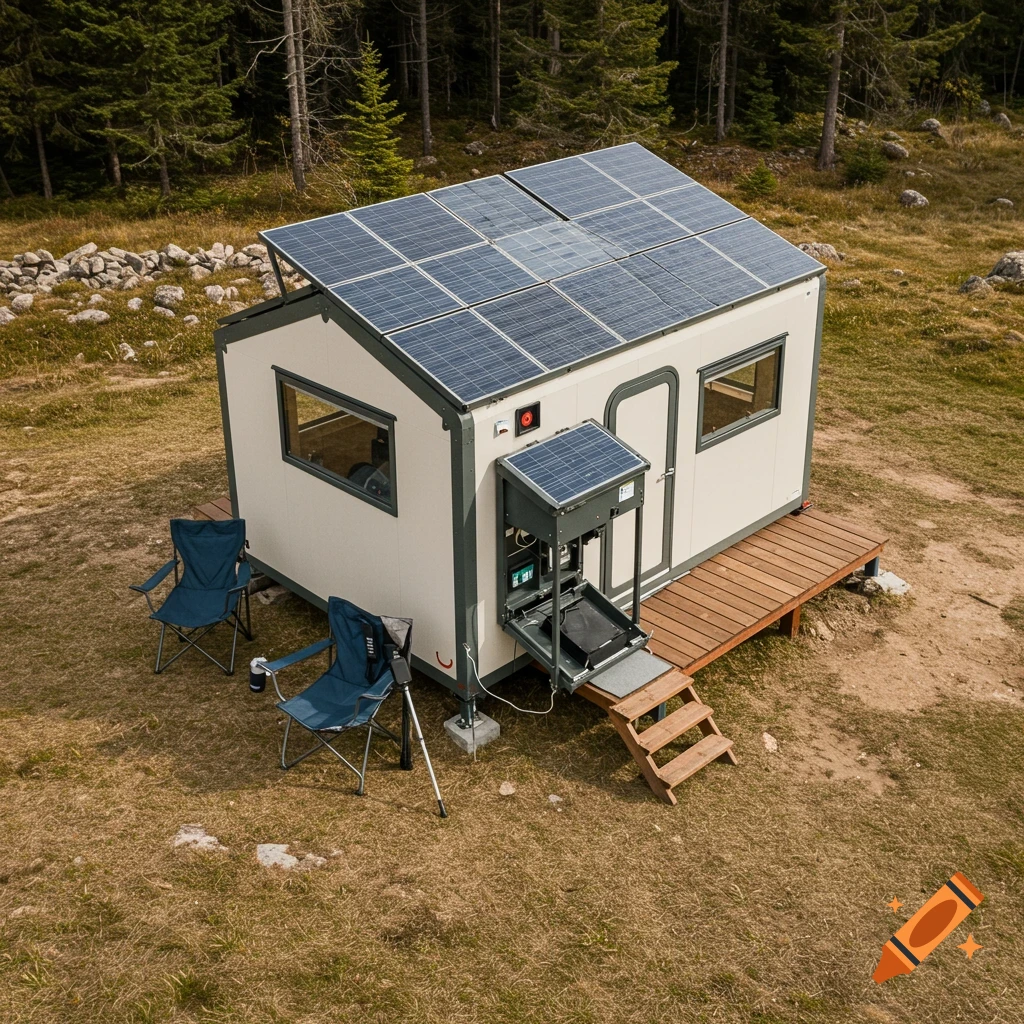 A small, prefabricated cabin with a large solar panel array on the roof sits in a grassy field with two blue chairs and a wooden deck.