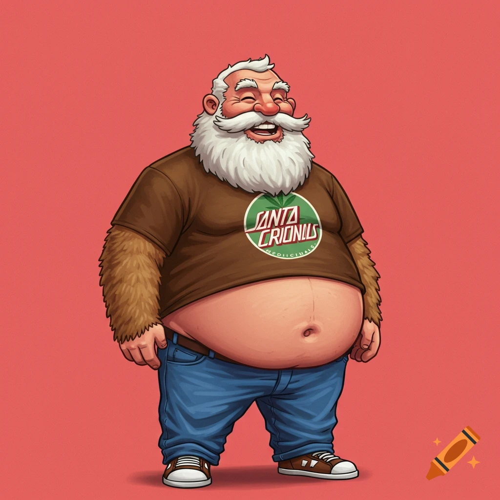 Cartoon illustration of Santa Claus in a t-shirt and jeans with a bare belly, one furry arm, and a logo on his shirt.