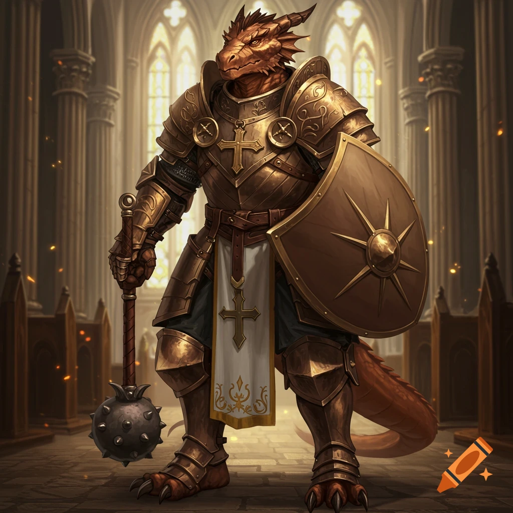 A bronze dragonborn cleric in golden armor holding a mace and shield inside a church.