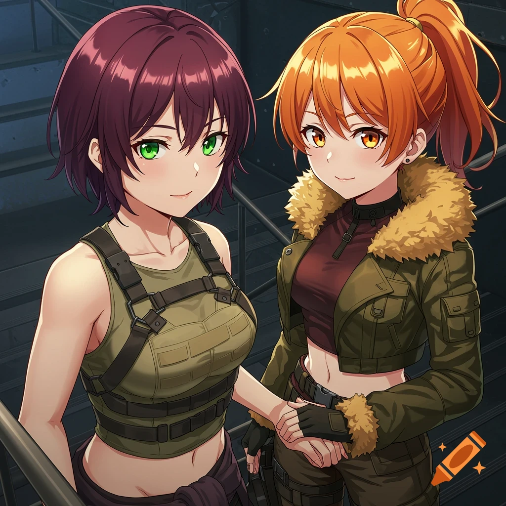 Two anime girls in tactical gear holding hands on a staircase.