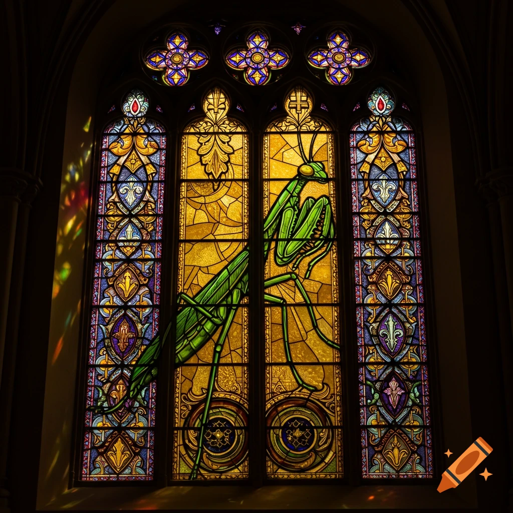 A stained glass window features a large green praying mantis.