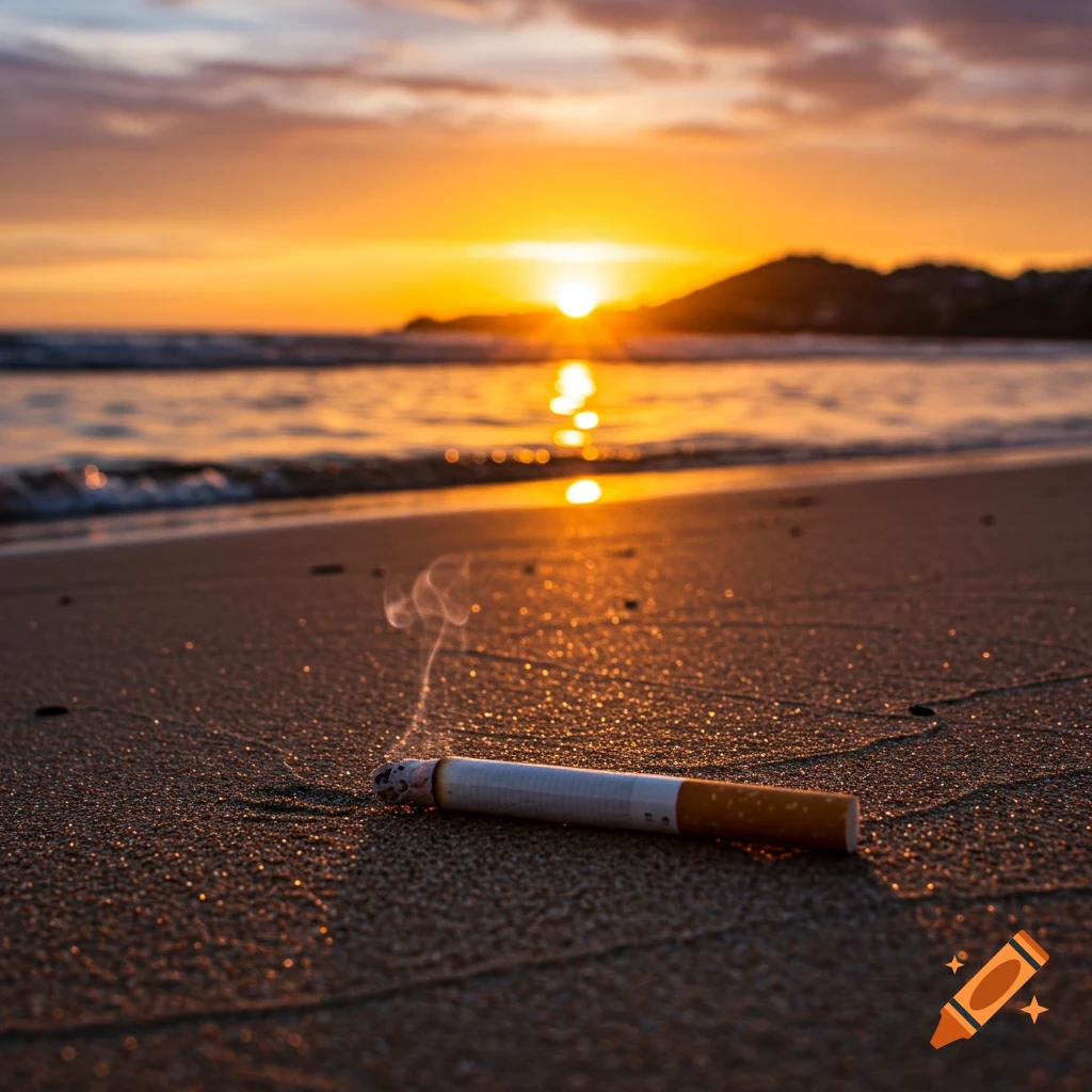 Photorealistic image of a lit cigarette on a sandy beach with a sunset over the ocean.