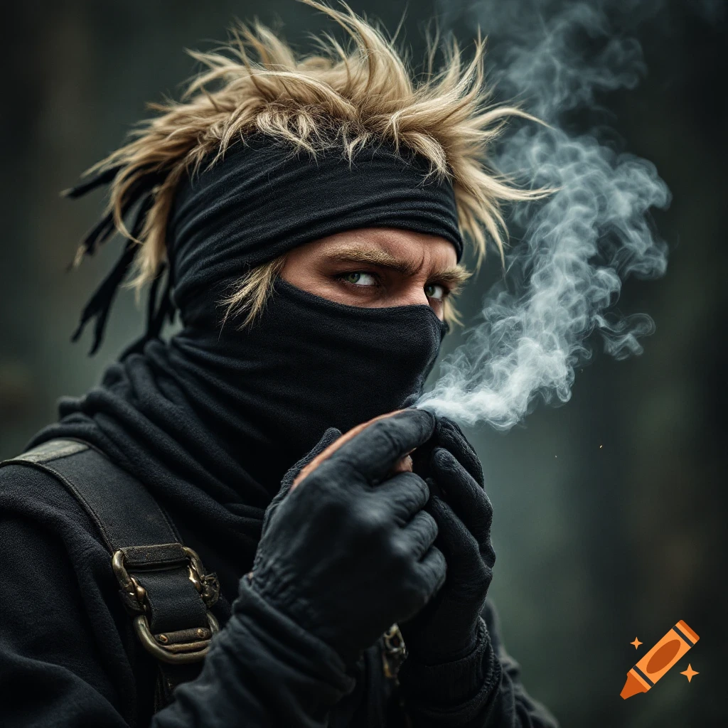 Close-up of a person dressed as a ninja exhaling a cloud of smoke, looking intently at the camera.