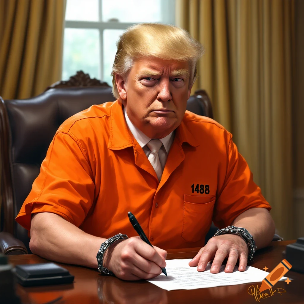 Man resembling Donald Trump in orange prisoner uniform and handcuffs writing at a desk, digital art