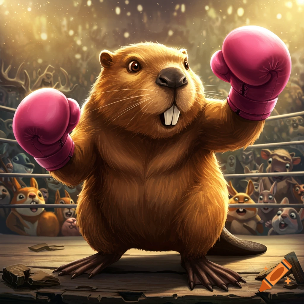 Cartoon beaver wearing pink boxing gloves in a boxing ring with an animal audience.