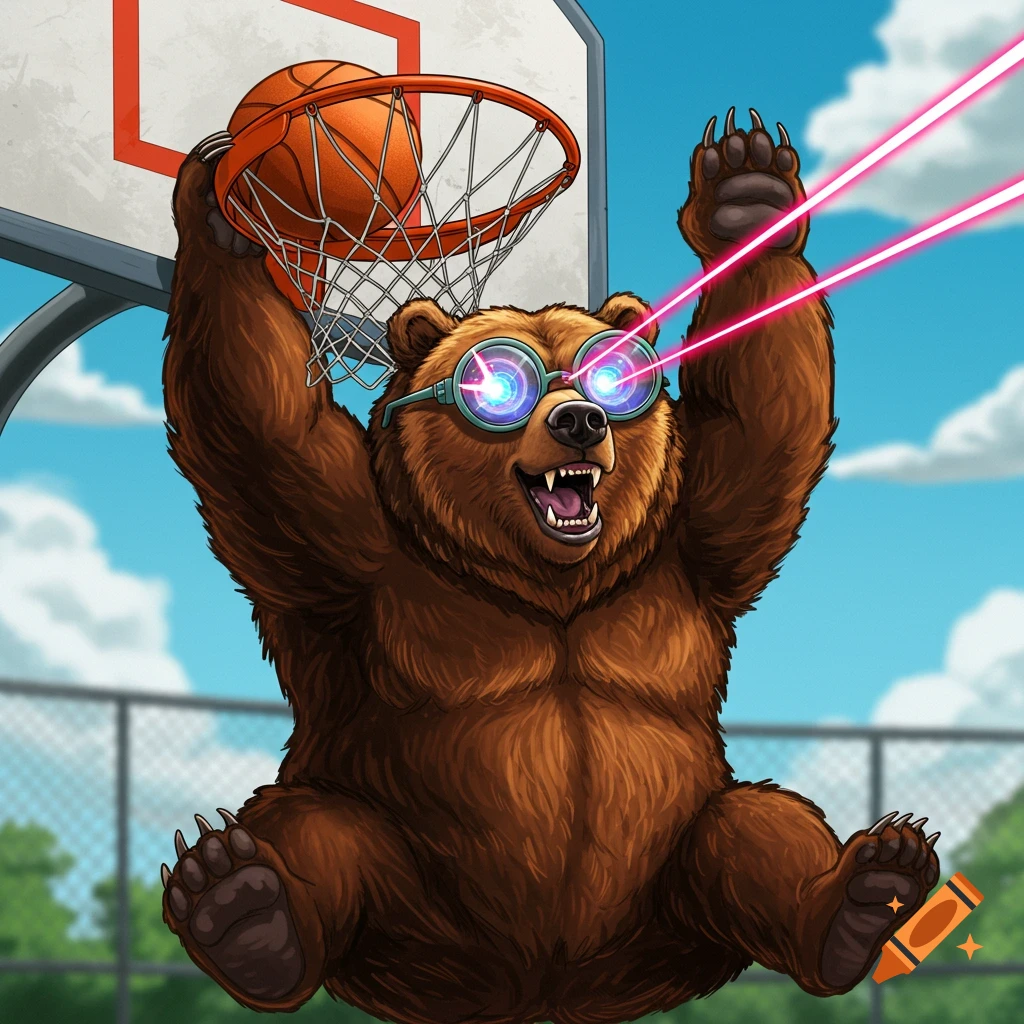 Cartoon bear with laser eyes and glasses dunking a basketball