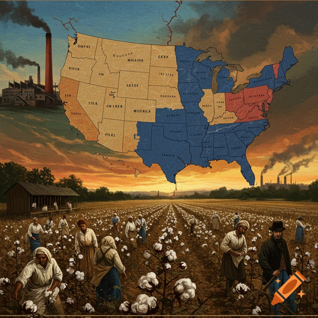 A historical map of the US overlaid on a cotton field with workers, factories in the background, sunset sky.