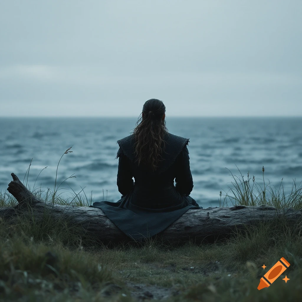 A person sits on a log, back to the viewer, looking out at a gray ocean under a cloudy sky.
