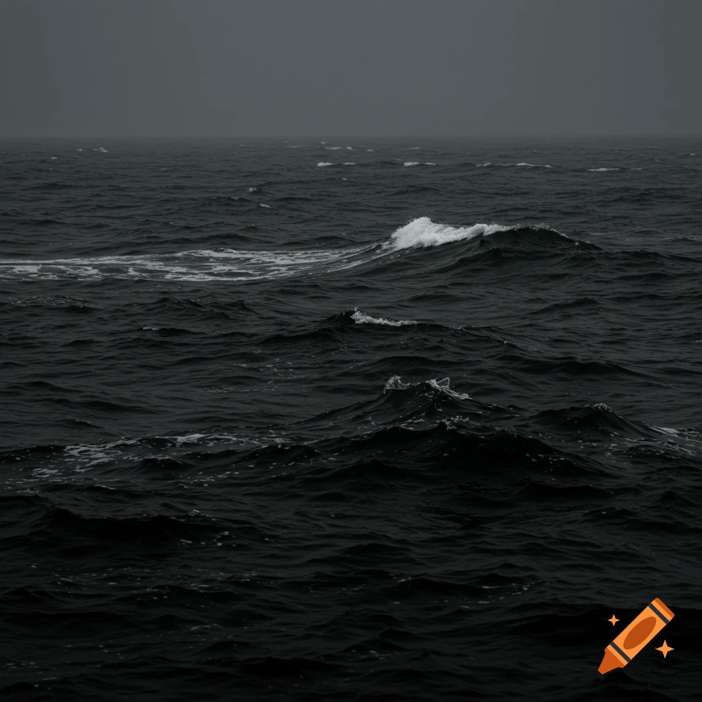 A dark, stormy ocean with crashing waves under a grey sky. Photorealistic.