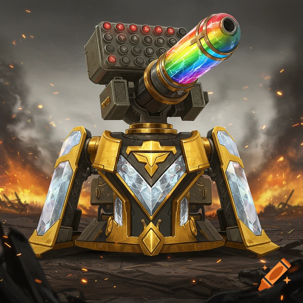 A diamond and gold sentry gun with a rainbow missile launcher sits in a battlefield.
