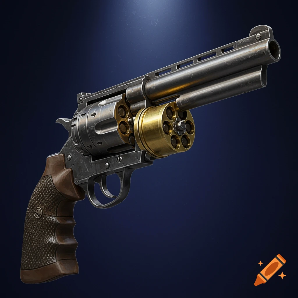 Detailed illustration of a revolver with a double barrel and exposed cylinders on a dark blue background.