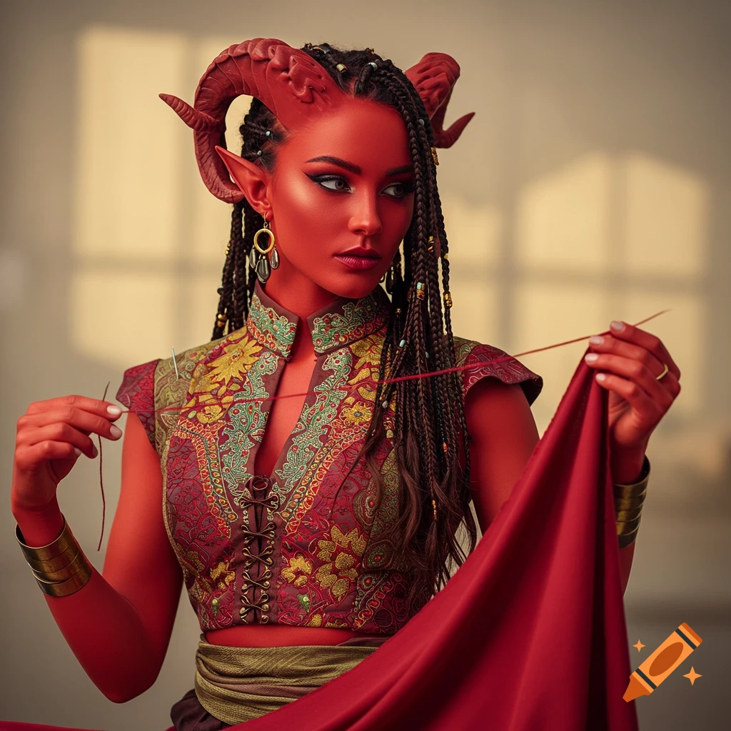 A red-skinned tiefling woman with horns and braided hair wears a detailed patterned blouse, holding a needle and red fabric.