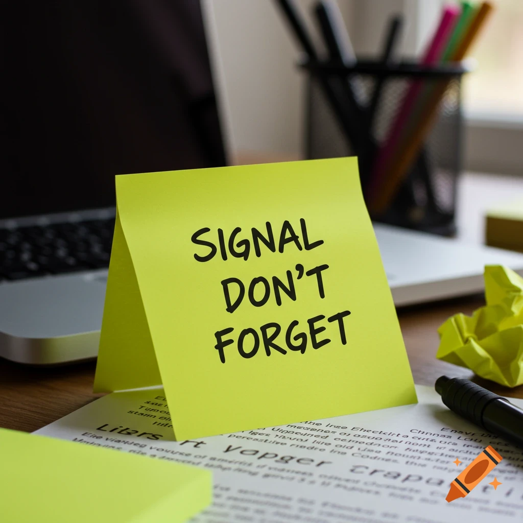 A yellow sticky note on a desk says 'Signal don't forget', with a laptop, pens, and crumpled paper.