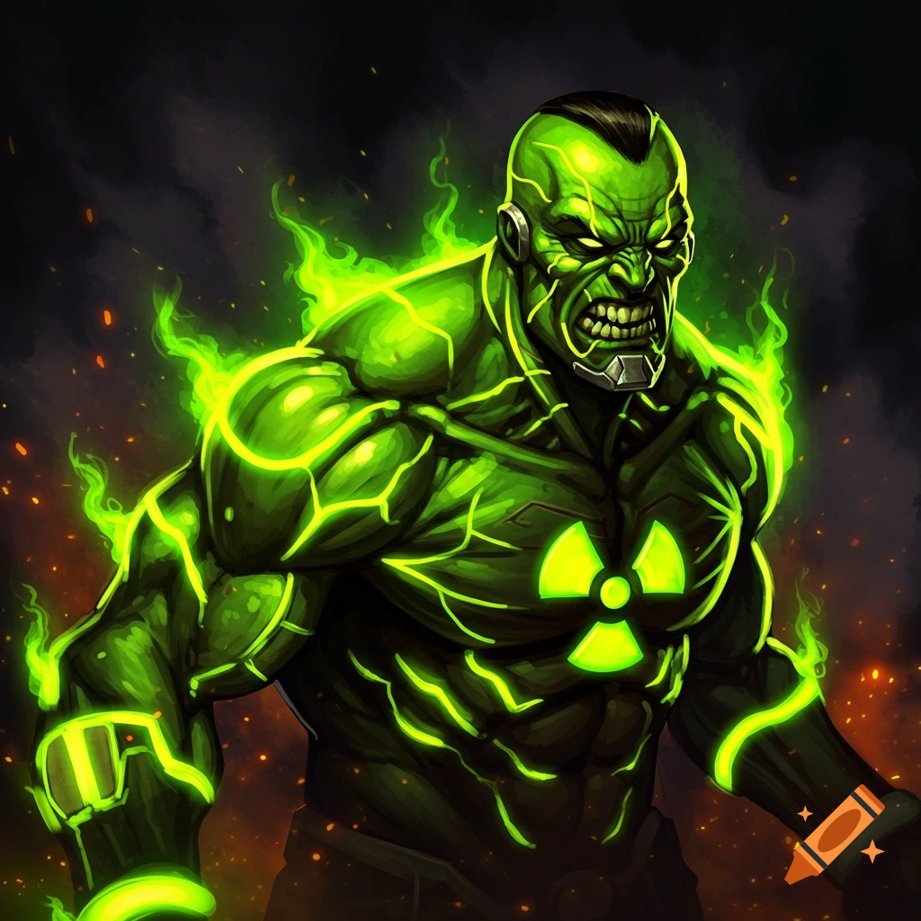 Illustration of a muscular green character with glowing neon energy and a nuclear symbol on their chest.