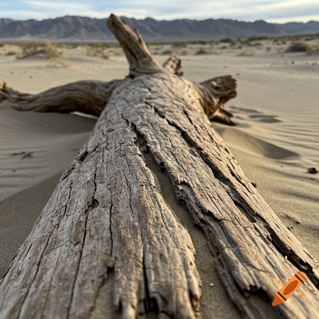 Weathered driftwood lies on sand dunes in a desert landscape with mountains in the background.