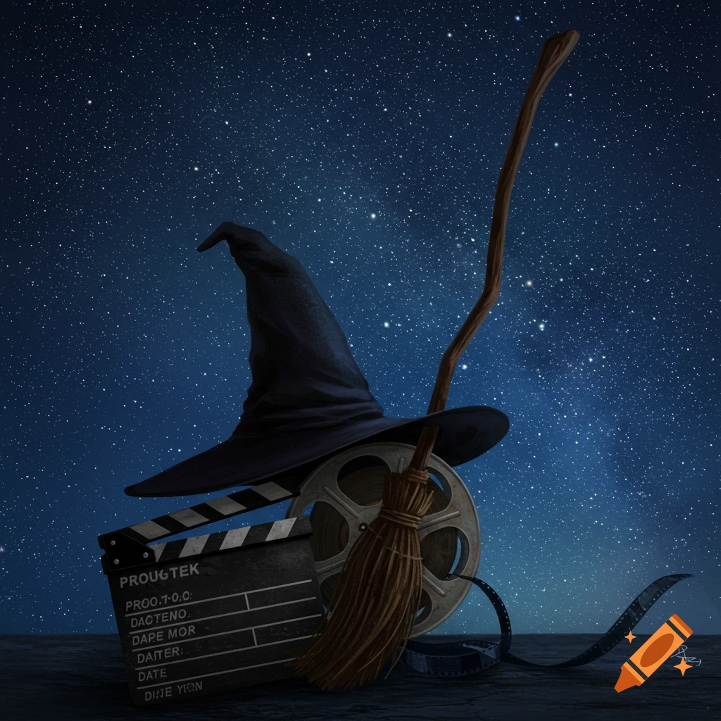 A witch's hat, broom, film reel, and clapperboard against a starry sky.