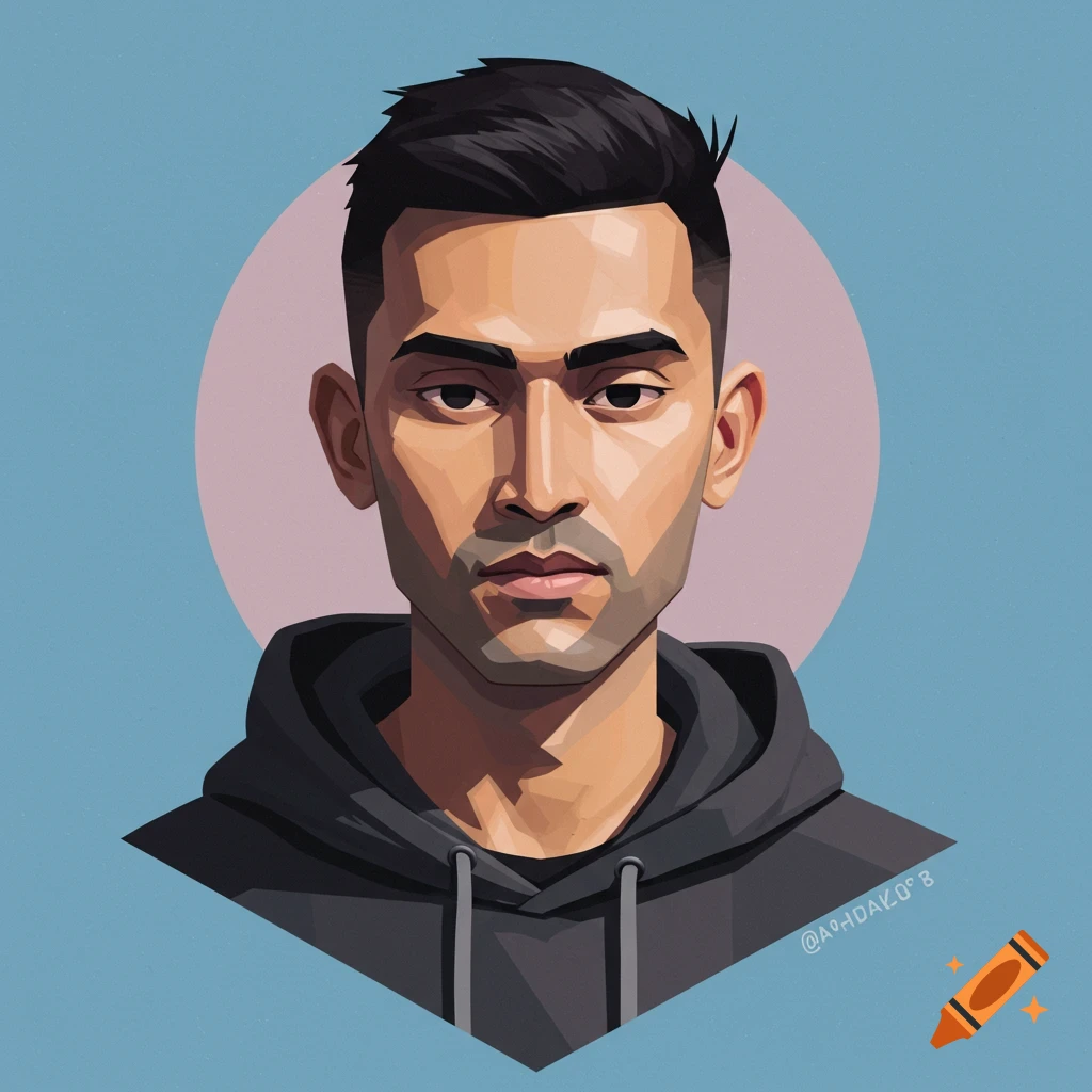 Minimalist, stylized portrait of a man in a dark hoodie against a blue and pink background.