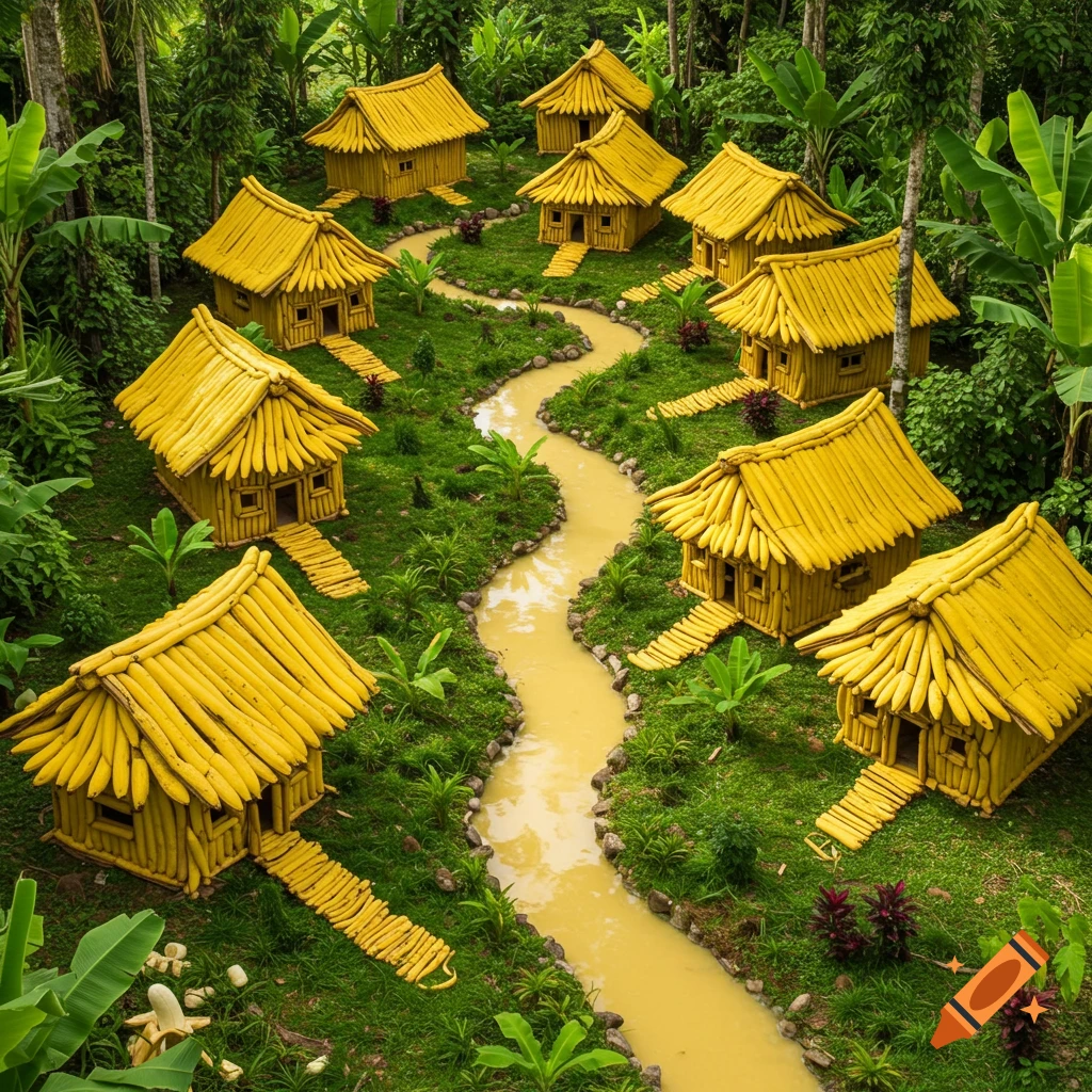 A whimsical village with small houses made of bananas in a lush forest with a yellow stream.