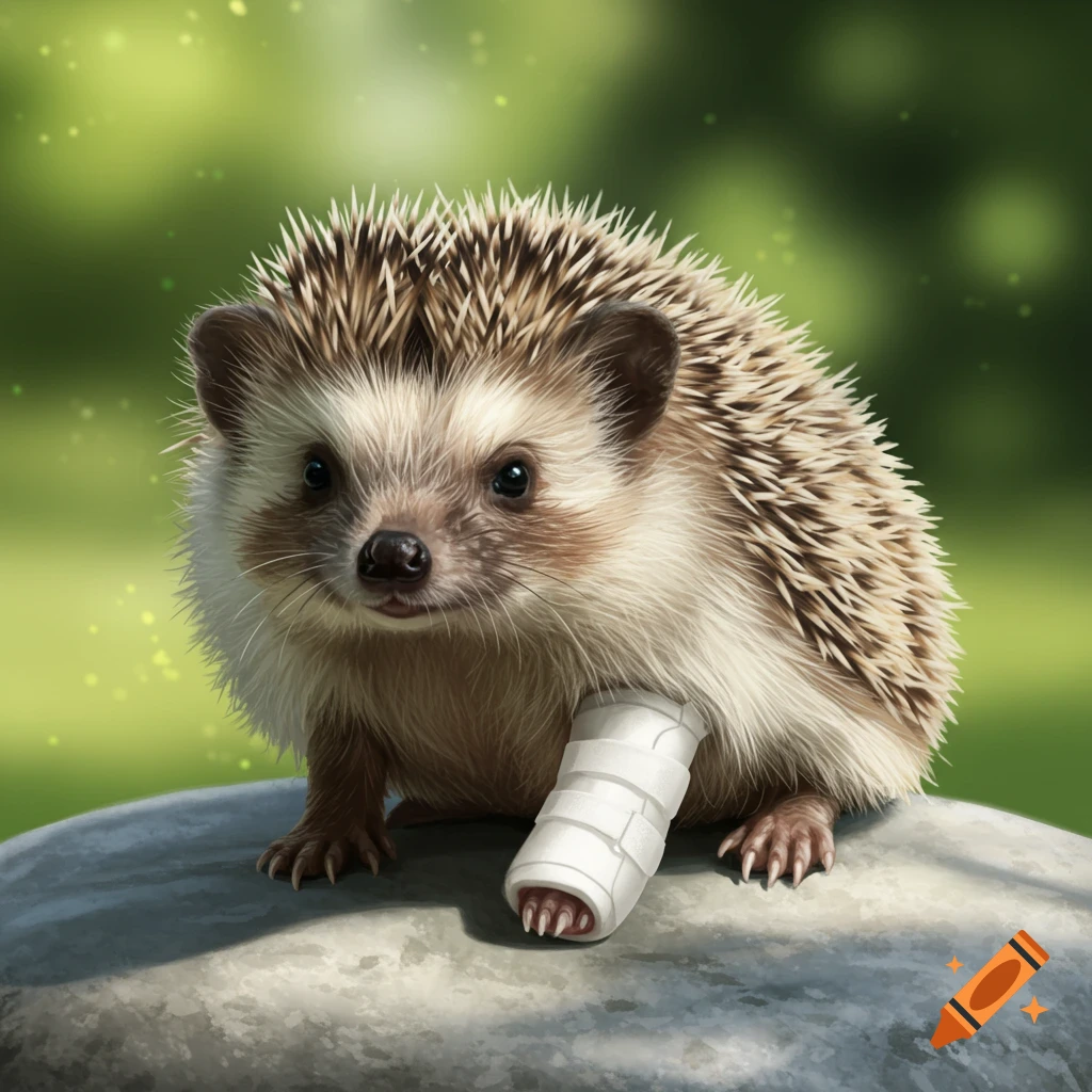 A hedgehog with a bandaged leg sits on a rock with a green background.