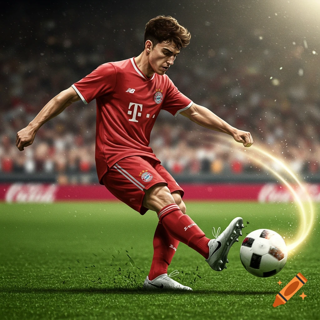 Photorealistic image of a soccer player in a red uniform kicking a ball on a field.