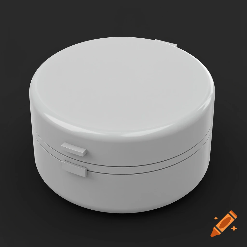 A white round pill box with clasps, 3D render.