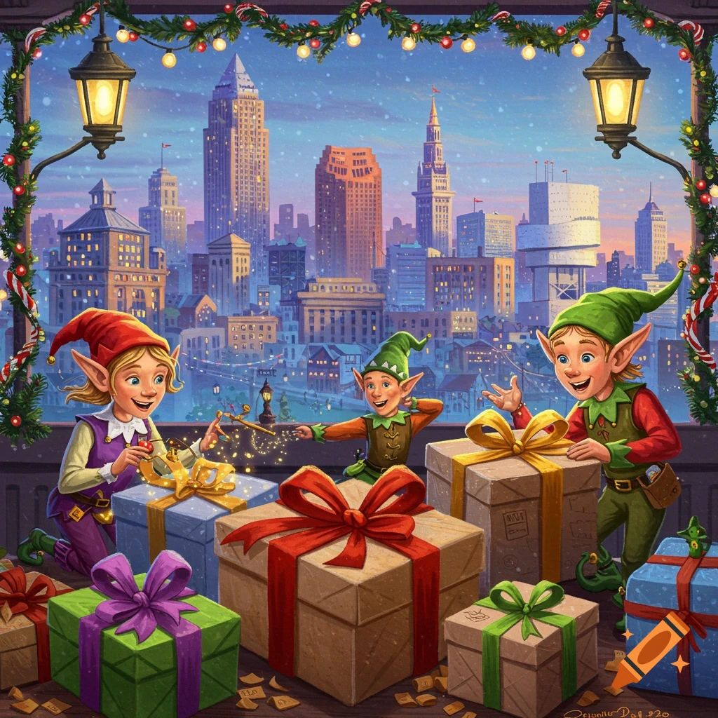 Three elves wrap presents on a rooftop overlooking a snowy cityscape, decorated with Christmas garland.