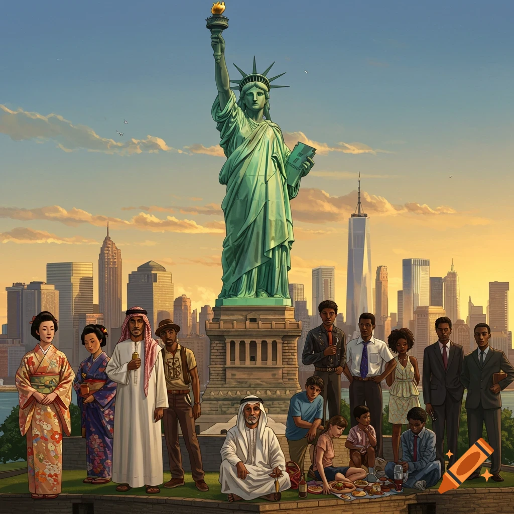 Illustration of diverse people near the Statue of Liberty with the NYC skyline at sunset