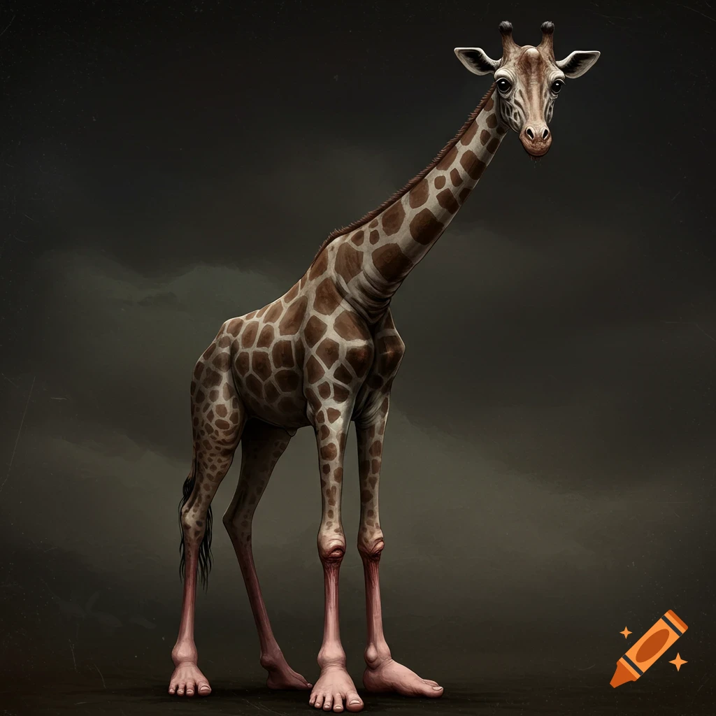 A creepy, surreal illustration of a giraffe with human feet standing on a dark background.