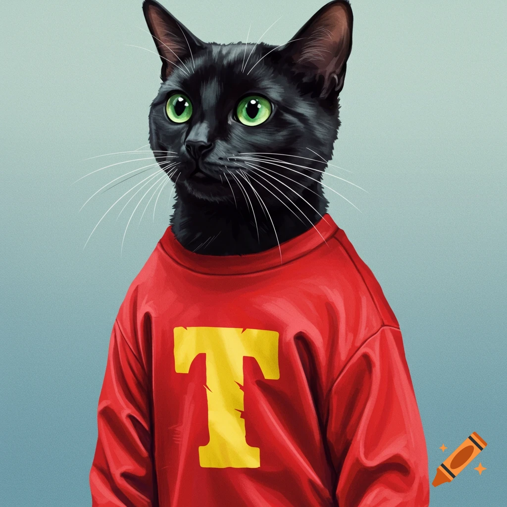 A black cat wears a red shirt with a large yellow T on the front.