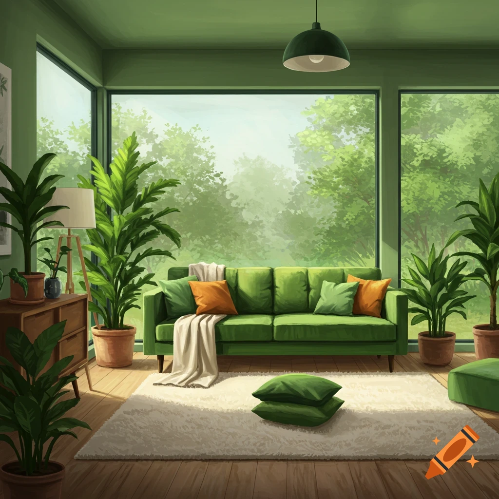 A green living room interior with a couch, many potted plants, and large windows looking out onto trees. Illustrated style.
