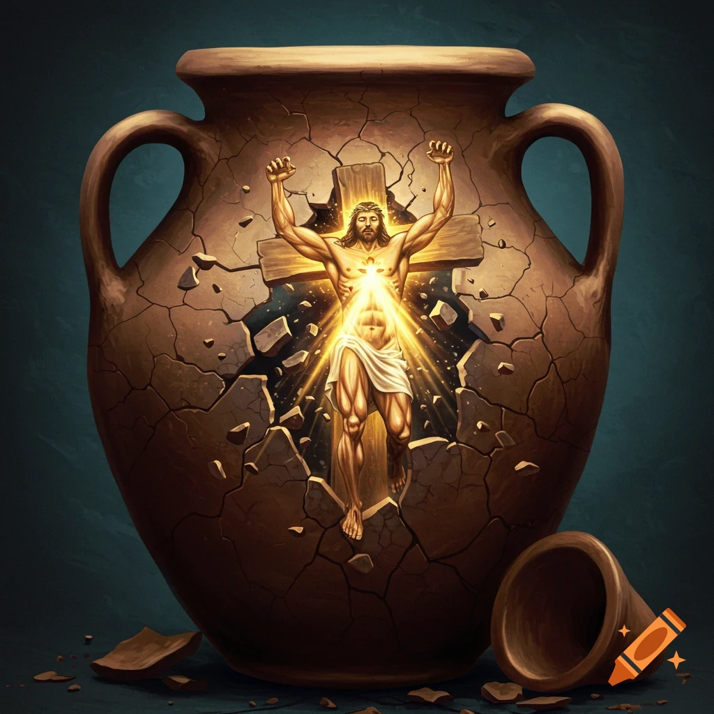 Jesus on a cross glowing with light breaks out of a cracked clay pot.