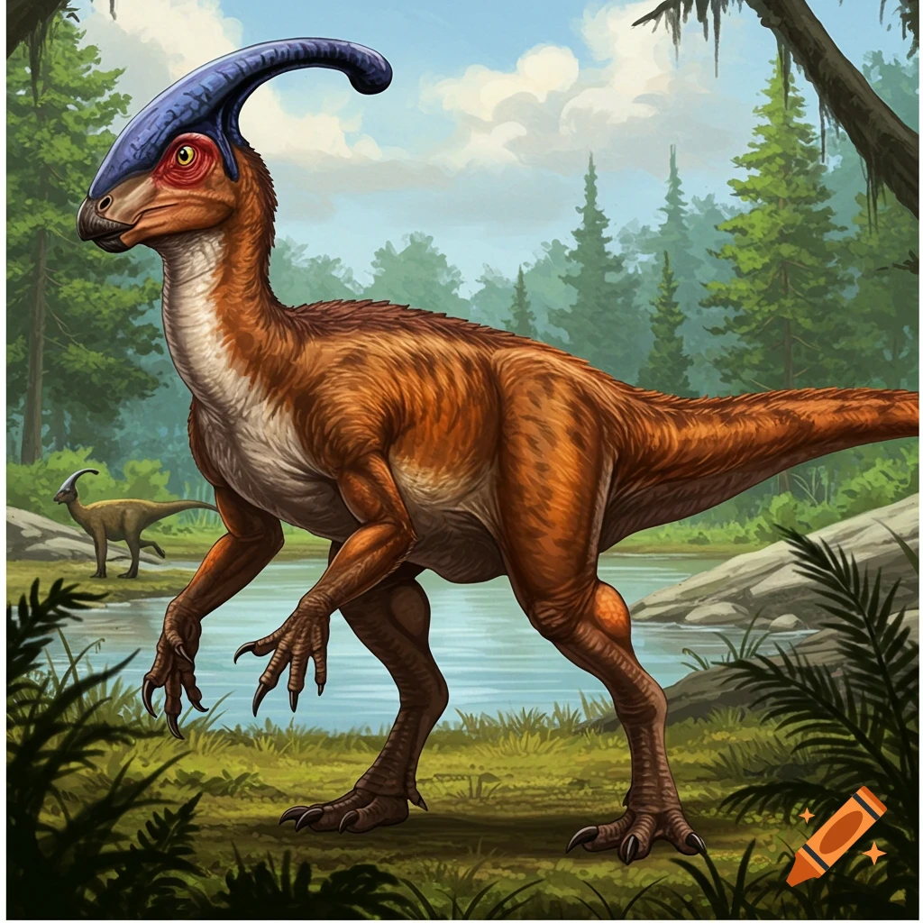 A hybrid dinosaur resembling a Parasaurolophus and raptor stands by a lake.
