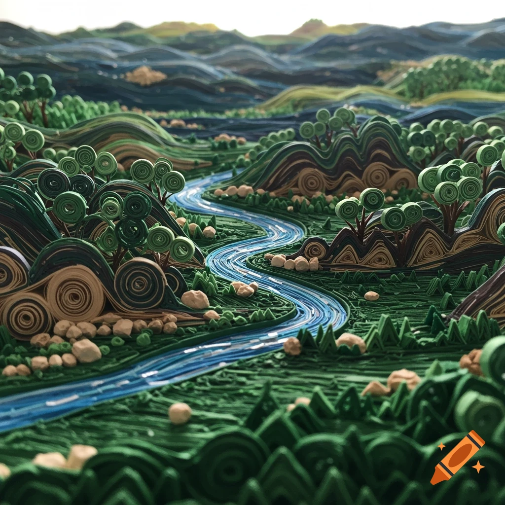 A landscape created in a quilling paper art style, showing a river winding through hills and trees.