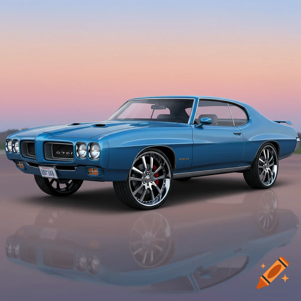 A blue classic car with chrome wheels is reflected on a surface under a sunset sky.