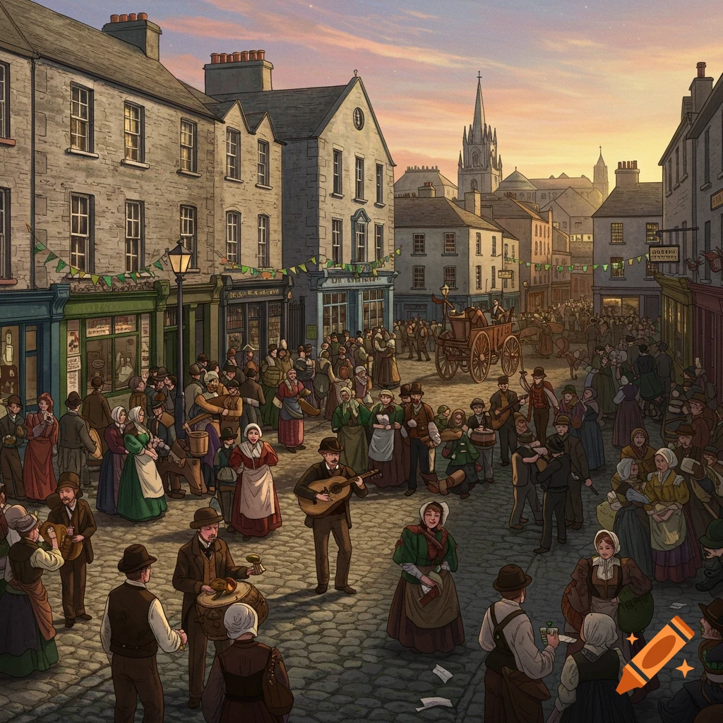 Crowded historical street scene in Ireland with people celebrating