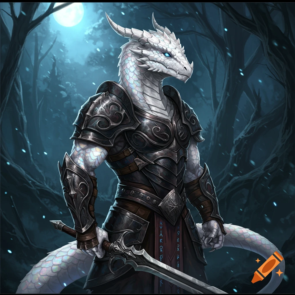 A white dragonborn warrior in dark armor holds a sword in a dark forest under a full moon.